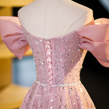Niulatu A-line off-shoulder tulle sequin long prom dress, pink evening dress HZ1108