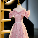 Niulatu A-line off-shoulder tulle sequin long prom dress, pink evening dress HZ1108