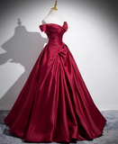 Niulatu A-line off-the-shoulder satin long prom dress, burgundy formal dress HZ1108