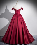 Niulatu A-line off-the-shoulder satin long prom dress, burgundy formal dress HZ1108