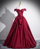 Niulatu A-line off-the-shoulder satin long prom dress, burgundy formal dress HZ1108