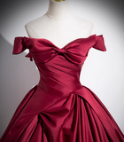Niulatu A-line off-the-shoulder satin long prom dress, burgundy formal dress HZ1108