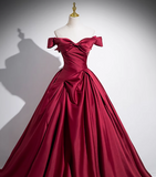 Niulatu A-line off-the-shoulder satin long prom dress, burgundy formal dress HZ1108