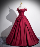 Niulatu A-line off-the-shoulder satin long prom dress, burgundy formal dress HZ1108