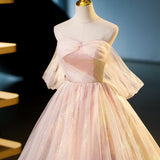 Niulatu pink sweetheart neckline tulle sequin long prom dress, pink evening dress HZ1108