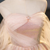 Niulatu pink sweetheart neckline tulle sequin long prom dress, pink evening dress HZ1108