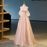 Niulatu pink sweetheart neckline tulle sequin long prom dress, pink evening dress HZ1108