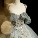 Niulatu A-line tulle sequined long ball dress, green evening dress HZ1108