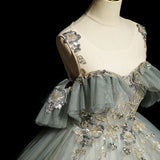 Niulatu A-line tulle sequined long ball dress, green evening dress HZ1108