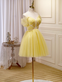Niulatu A-line tulle lace short prom dress, yellow homecoming dress HZ1108