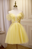 Niulatu A-line tulle lace short prom dress, yellow homecoming dress HZ1108