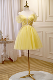 Niulatu A-line tulle lace short prom dress, yellow homecoming dress HZ1108