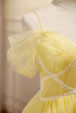Niulatu A-line tulle lace short prom dress, yellow homecoming dress HZ1108