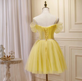 Niulatu A-line tulle lace short prom dress, yellow homecoming dress HZ1108