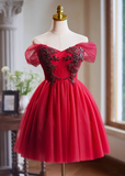 Niulatu A-line tulle short prom dress, red bridesmaid dress HZ1108
