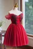 Niulatu A-line tulle short prom dress, red bridesmaid dress HZ1108