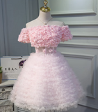 Niulatu A-line off-the-shoulder tulle short prom dress, pink bridesmaid dress HZ1108