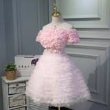 Niulatu A-line off-the-shoulder tulle short prom dress, pink bridesmaid dress HZ1108