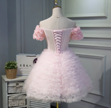 Niulatu A-line off-the-shoulder tulle short prom dress, pink bridesmaid dress HZ1108