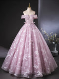 Niulatu Off Shoulder Tulle Lace Pink Long Prom Dress, Pink Long Formal Dress HZ1108