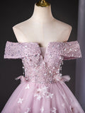 Niulatu Off Shoulder Tulle Lace Pink Long Prom Dress, Pink Long Formal Dress HZ1108