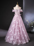 Niulatu Off Shoulder Tulle Lace Pink Long Prom Dress, Pink Long Formal Dress HZ1108