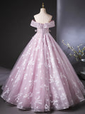 Niulatu Off Shoulder Tulle Lace Pink Long Prom Dress, Pink Long Formal Dress HZ1108