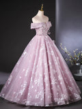 Niulatu Off Shoulder Tulle Lace Pink Long Prom Dress, Pink Long Formal Dress HZ1108