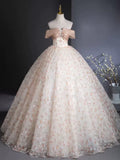 Niulatu Off Shoulder Tulle Lace Champagne Long Prom Dress, Champagne Formal Dress HZ1108