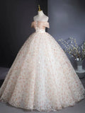 Niulatu Off Shoulder Tulle Lace Champagne Long Prom Dress, Champagne Formal Dress HZ1108