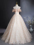 Niulatu Off Shoulder Tulle Lace Champagne Long Prom Dress, Champagne Formal Dress HZ1108