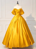 Niulatu Off Shoulder Satin Yellow Long Prom Dress, Yellow Long Formal Dress HZ1108