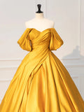 Niulatu Off Shoulder Satin Yellow Long Prom Dress, Yellow Long Formal Dress HZ1108