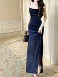 Niulatu silk slim suspender dress, blue party dress HZ1108