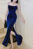 Niulatu silk slim suspender dress, blue party dress HZ1108