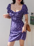 Niulatu floral square neck puff sleeve A-line short dress HZ1108