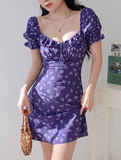 Niulatu floral square neck puff sleeve A-line short dress HZ1108