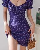 Niulatu floral square neck puff sleeve A-line short dress HZ1108