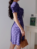 Niulatu floral square neck puff sleeve A-line short dress HZ1108
