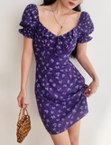 Niulatu floral square neck puff sleeve A-line short dress HZ1108