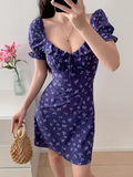Niulatu floral square neck puff sleeve A-line short dress HZ1108