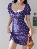 Niulatu floral square neck puff sleeve A-line short dress HZ1108