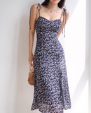 Niulatu retro navy blue floral slit suspender dress HZ1108