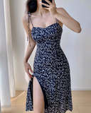 Niulatu retro navy blue floral slit suspender dress HZ1108
