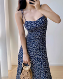 Niulatu retro navy blue floral slit suspender dress HZ1108