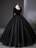 Niulatu Tulle Velvet Sequin Black Long Prom Dress, Black Long Evening Dress HZ1108