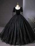 Niulatu Tulle Velvet Sequin Black Long Prom Dress, Black Long Evening Dress HZ1108