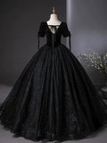 Niulatu Tulle Velvet Sequin Black Long Prom Dress, Black Long Evening Dress HZ1108