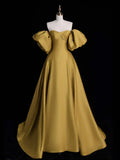 Niulatu Sweetheart Neck Satin Gold Long Prom Dress, Gold Long Formal Dress HZ1108