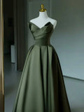 Niulatu V Neck Satin Green Long Prom Dress, Green Long Formal Dress HZ1026